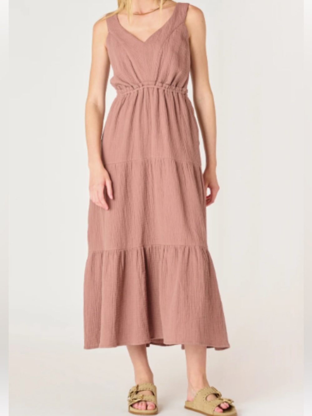 NWT Size small Devoted gauze Sleeveless V‑Neck Tiered Maxi Dress in Dusty Rose